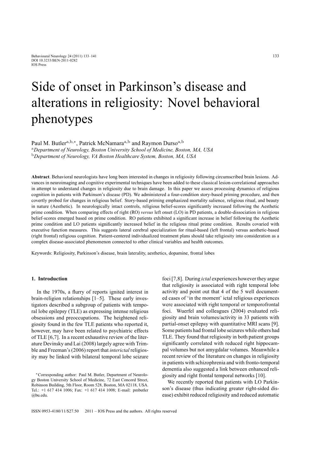 Side of Onset in Parkinson's Disease and Alterations in Religiosity: Novel