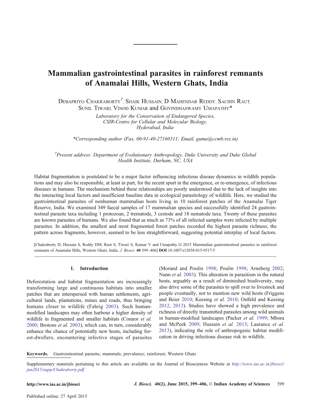 Mammalian Gastrointestinal Parasites in Rainforest Remnants of Anamalai Hills, Western Ghats, India