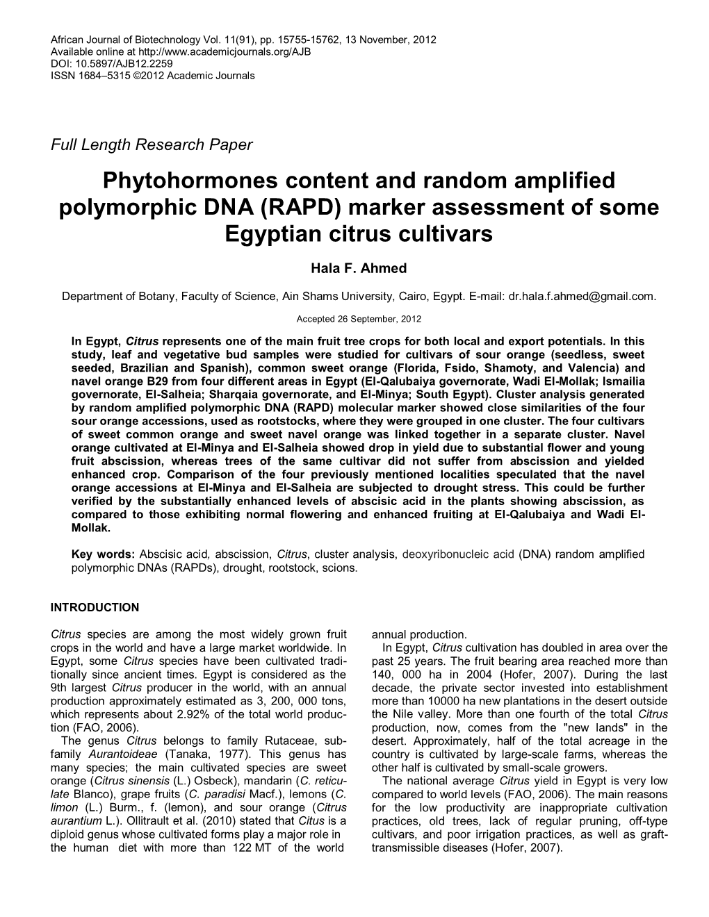 Variation of Citrus Cultivars in Egypt Assessed