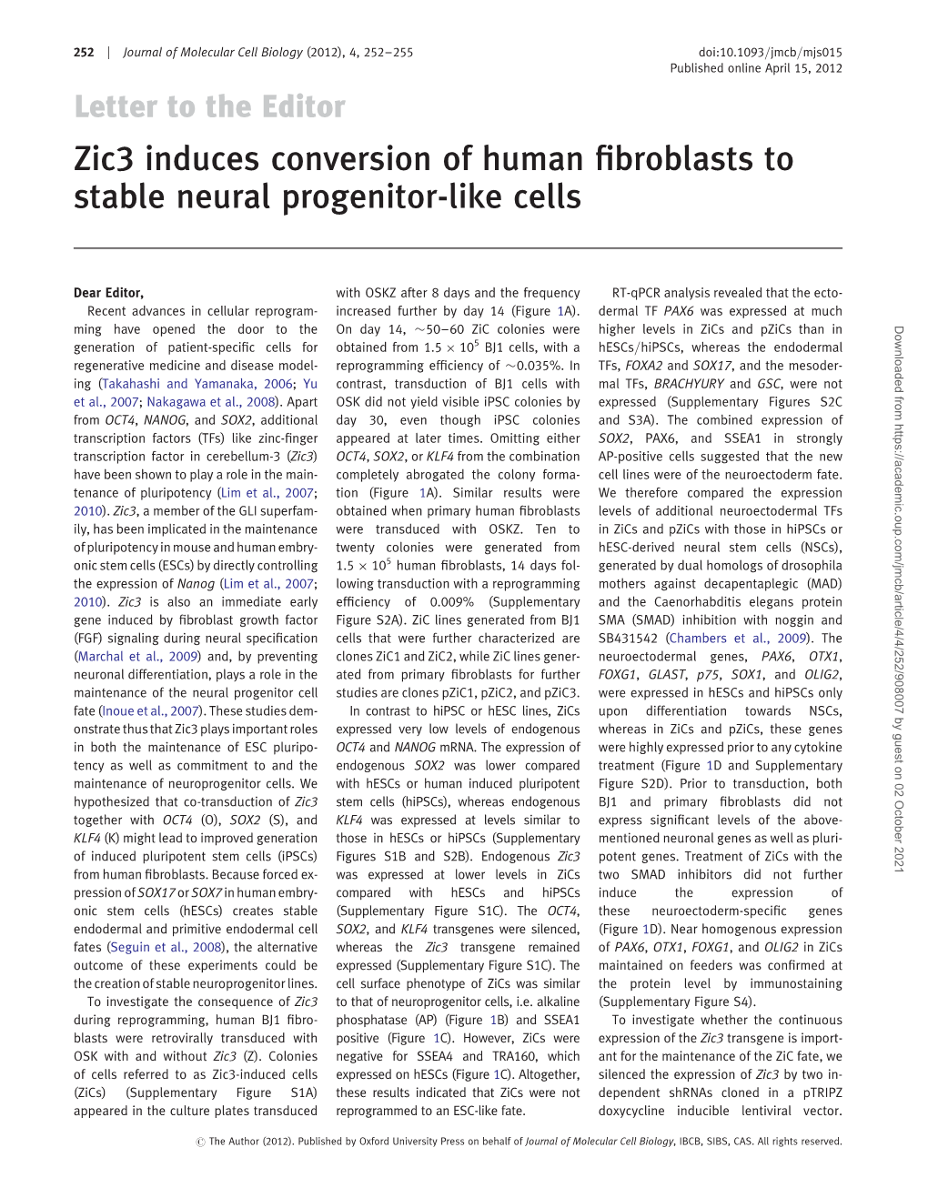 Zic3 Induces Conversion of Human Fibroblasts to Stable Neural