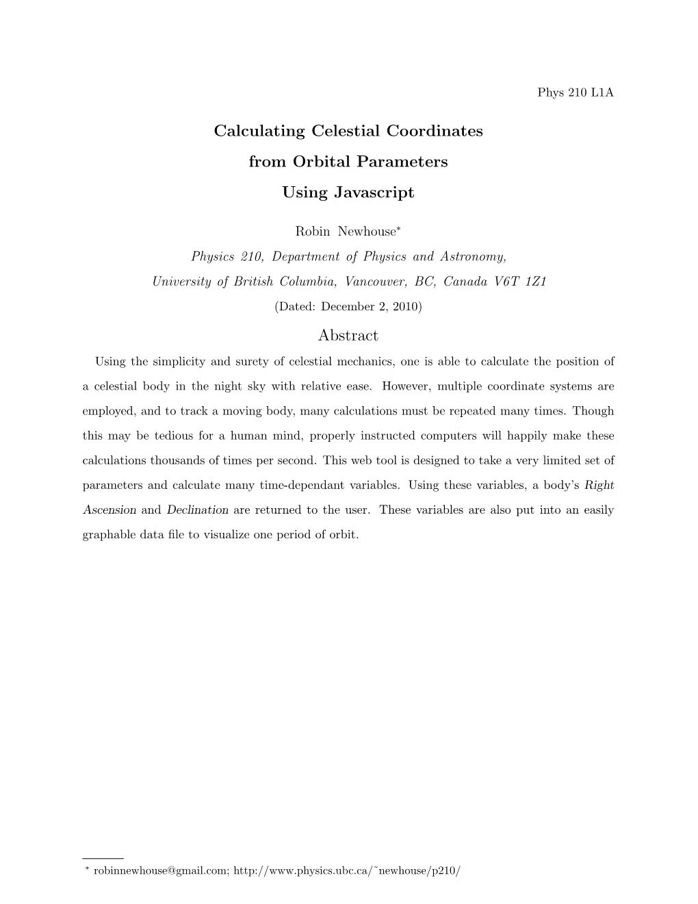 Calculating Celestial Coordinates from Orbital Parameters Using Javascript