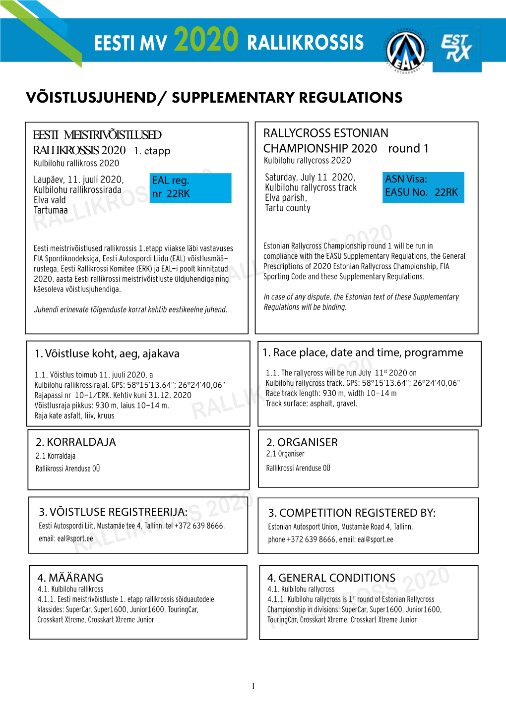 Võistlusjuhend / Supplementary Regulations