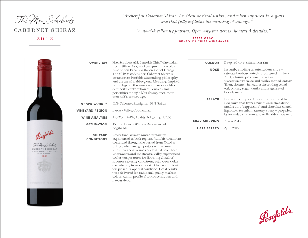 The Max Schubert Cabernet Shiraz 2012