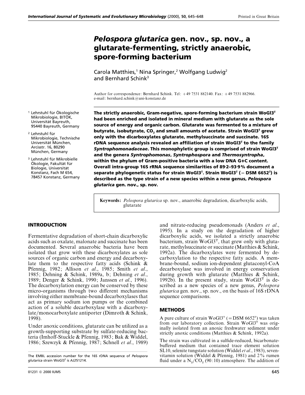 Pelospora Glutarica Gen. Nov., Sp. Nov., a Glutarate-Fermenting, Strictly Anaerobic, Spore-Forming Bacterium