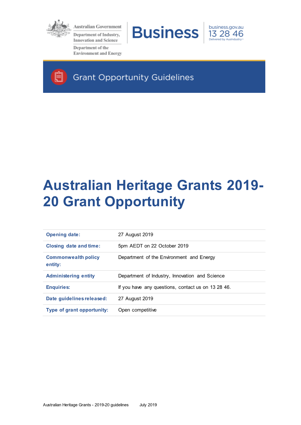 Australian Heritage Grants 2019- 20 Grant Opportunity