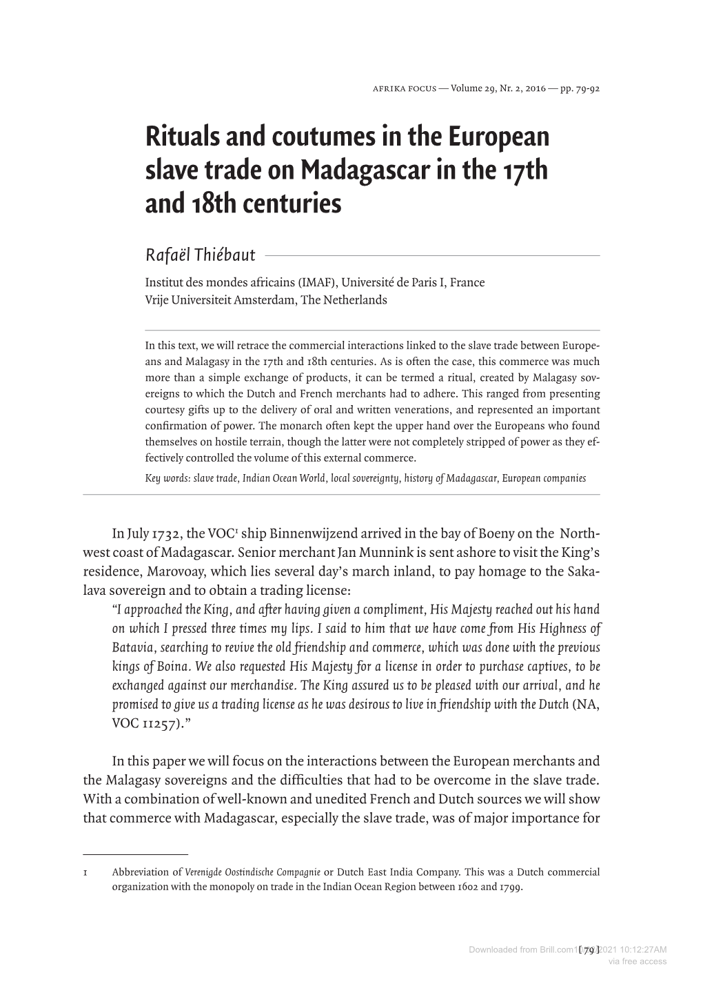 Rituals and Coutumes in the European Slave Trade on Madagascar in the 17Th and 18Th Centuries