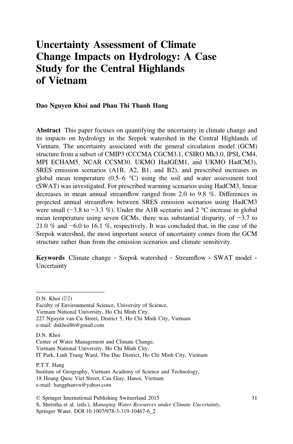 Uncertainty Assessment of Climate Change Impacts on Hydrology: a Case Study for the Central Highlands of Vietnam