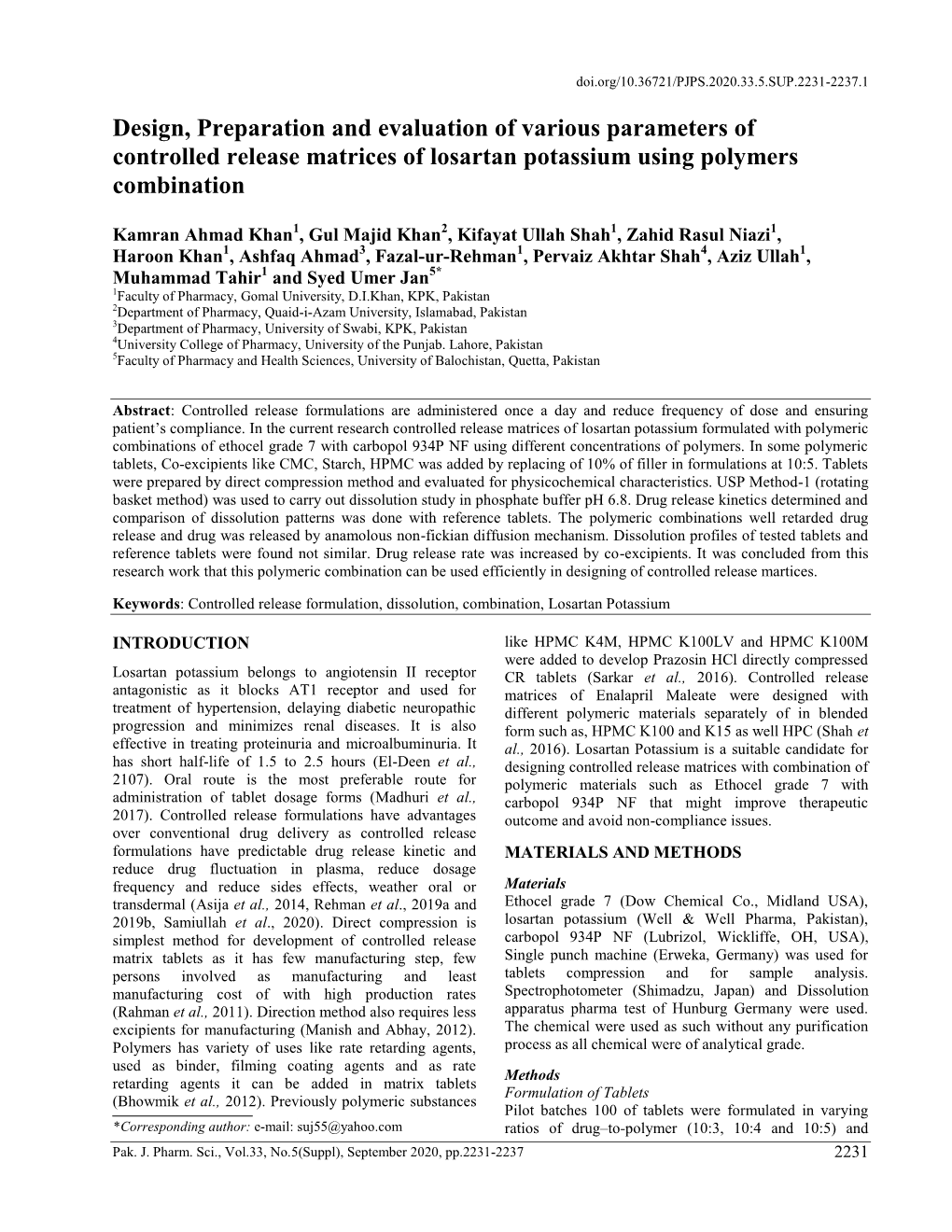 Design, Preparation and Evaluation of Various Parameters of Controlled Release Matrices of Losartan Potassium Using Polymers Combination