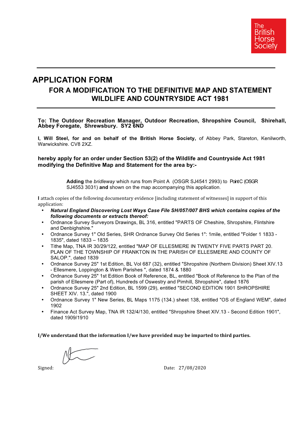 Application Form for a Modification to the Definitive Map and Statement Wildlife and Countryside Act 1981
