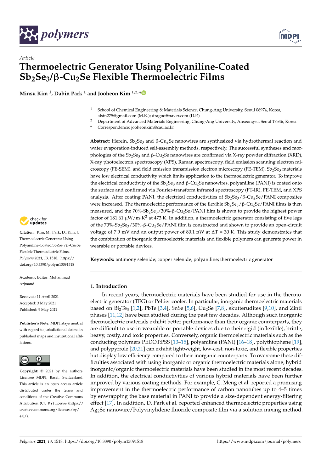 Thermoelectric Generator Using Polyaniline-Coated Sb2se3/Β-Cu2se Flexible Thermoelectric Films