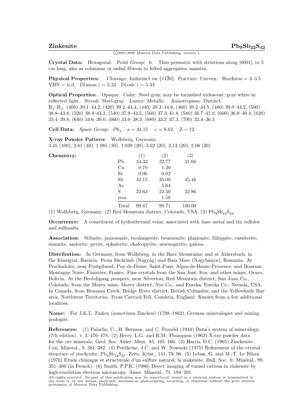 Zinkenite Pb9sb22s42 C 2001-2005 Mineral Data Publishing, Version 1