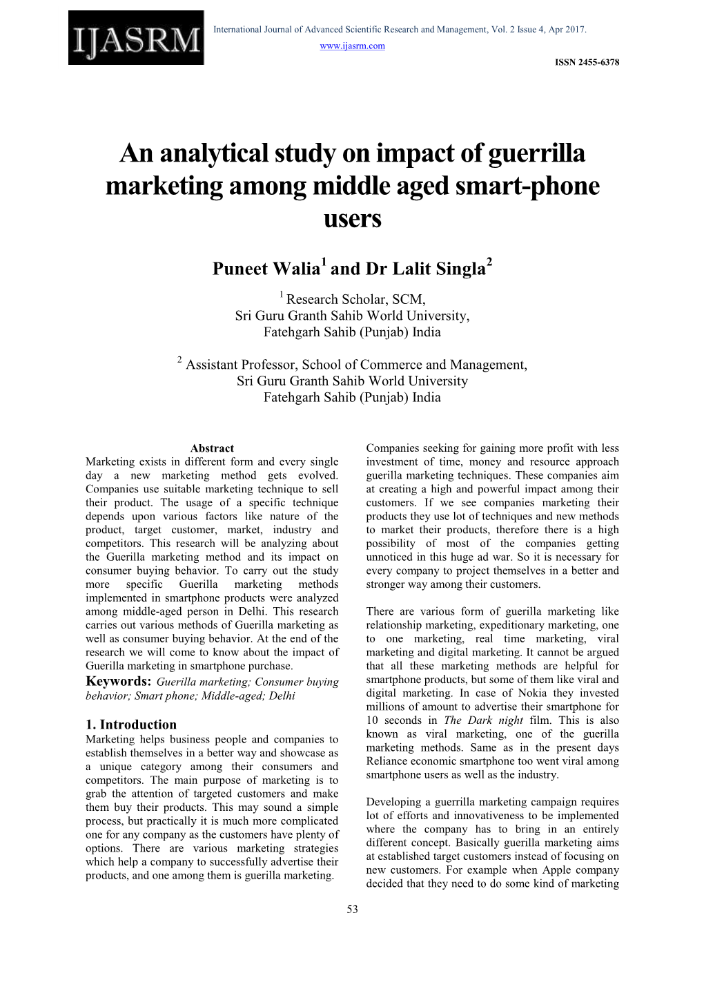 An Analytical Study on Impact of Guerrilla Marketing Among Middle Aged Smart-Phone Users