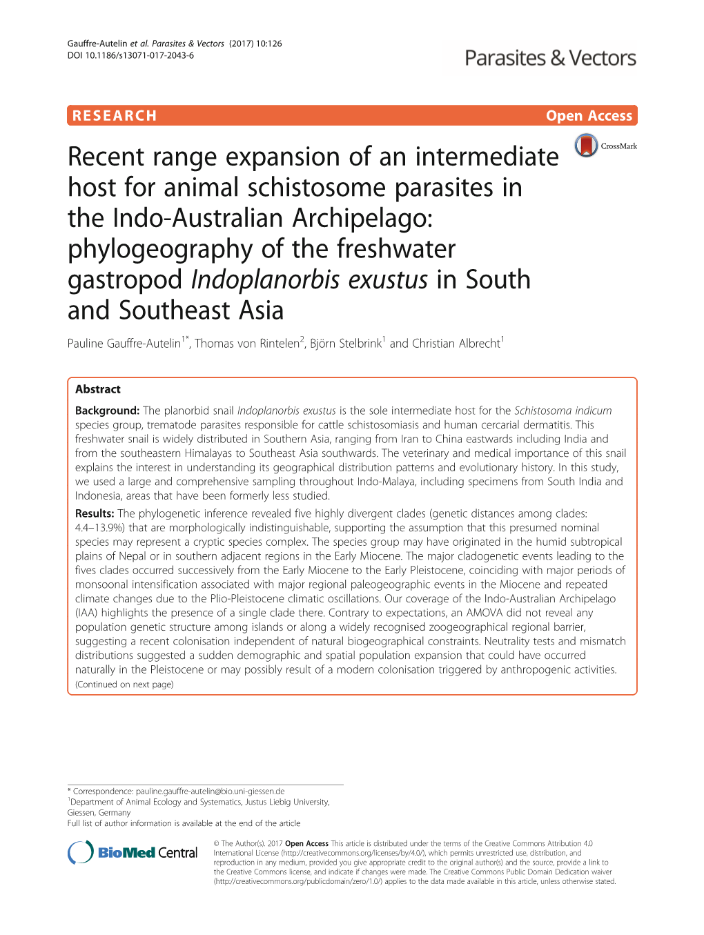 Indoplanorbis Exustus in South and Southeast Asia Pauline Gauffre-Autelin1*, Thomas Von Rintelen2, Björn Stelbrink1 and Christian Albrecht1