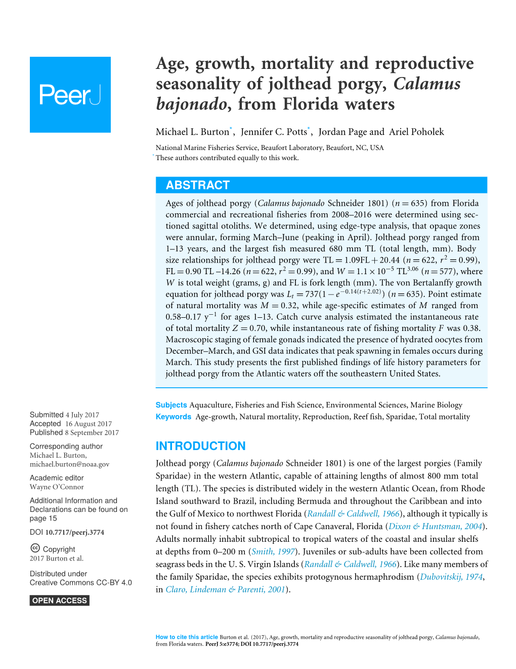 Age, Growth, Mortality and Reproductive Seasonality of Jolthead Porgy, Calamus Bajonado, from Florida Waters