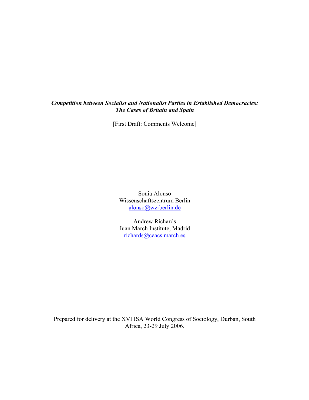 Competition Between Socialist and Nationalist Parties in Established Democracies: the Cases of Britain and Spain