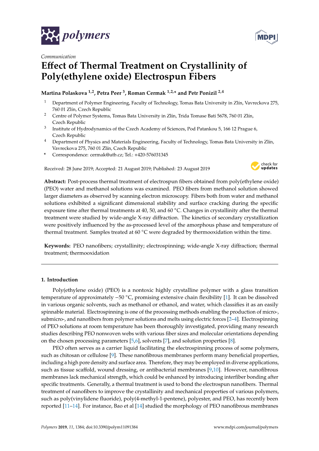 Effect of Thermal Treatment on Crystallinity of Poly(Ethylene Oxide)