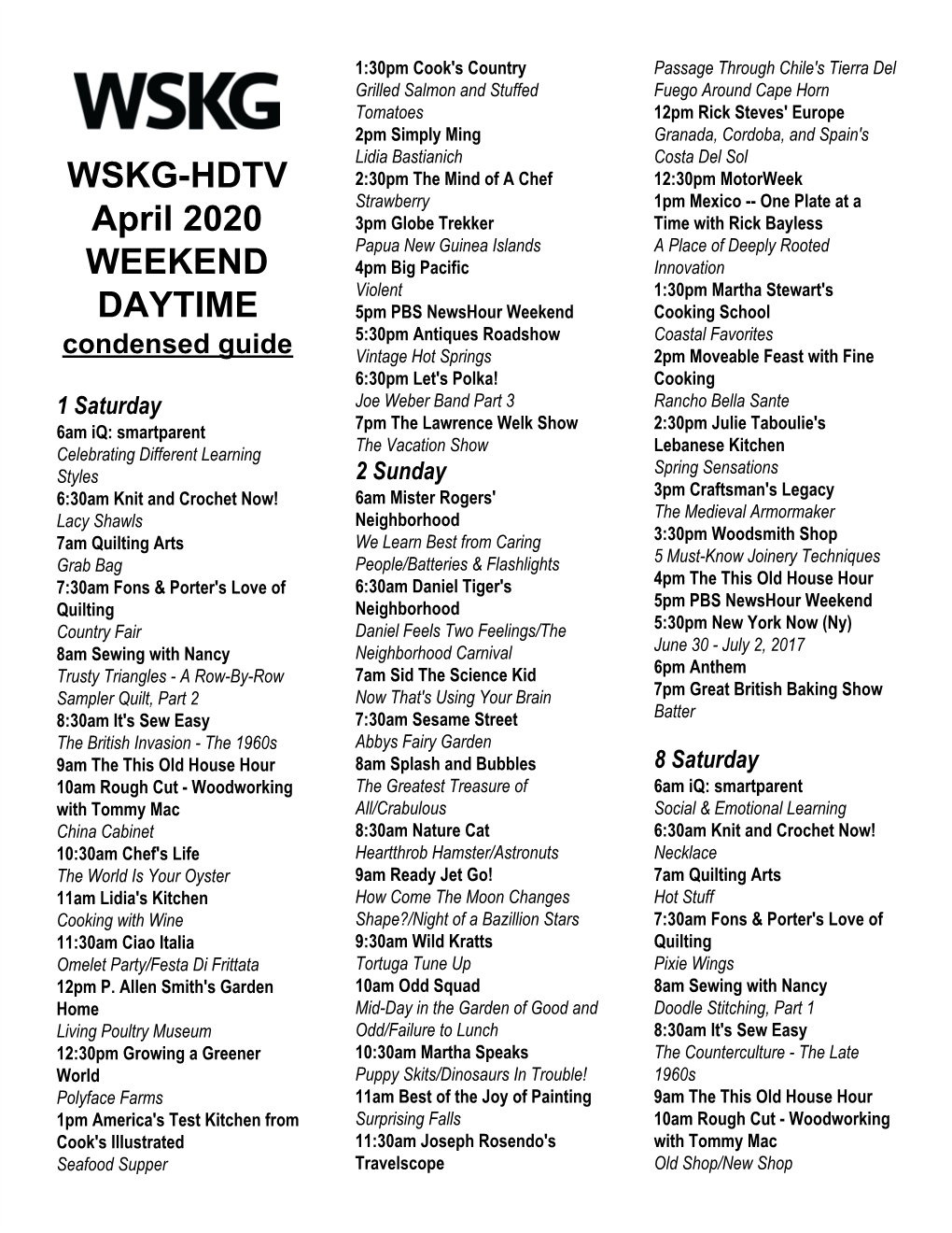 WSKG-HDTV April 2020 WEEKEND DAYTIME