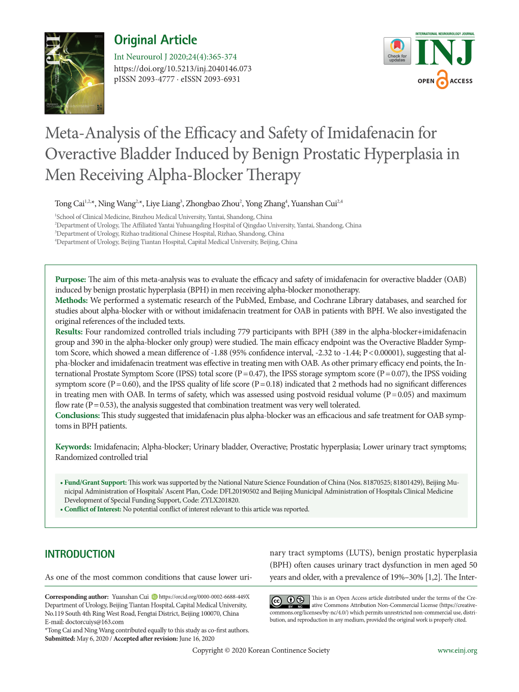 Meta-Analysis of the Efficacy and Safety of Imidafenacin for Overactive Bladder Induced by Benign Prostatic Hyperplasia in Men Receiving Alpha-Blocker Therapy
