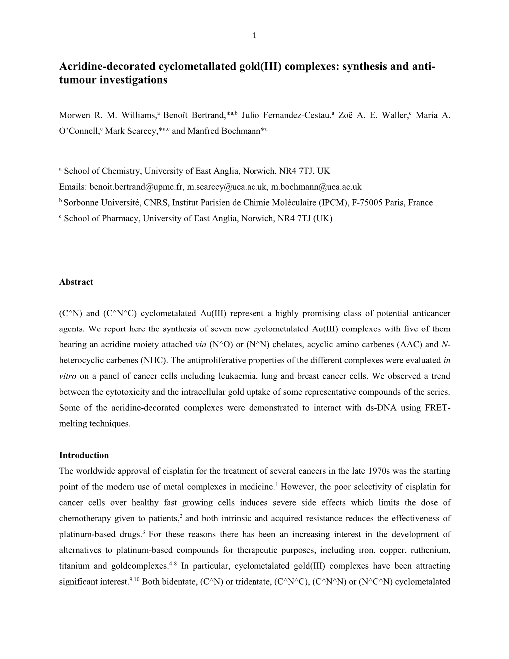 Acridine-Decorated Cyclometallated Gold(III) Complexes: Synthesis and Anti- Tumour Investigations