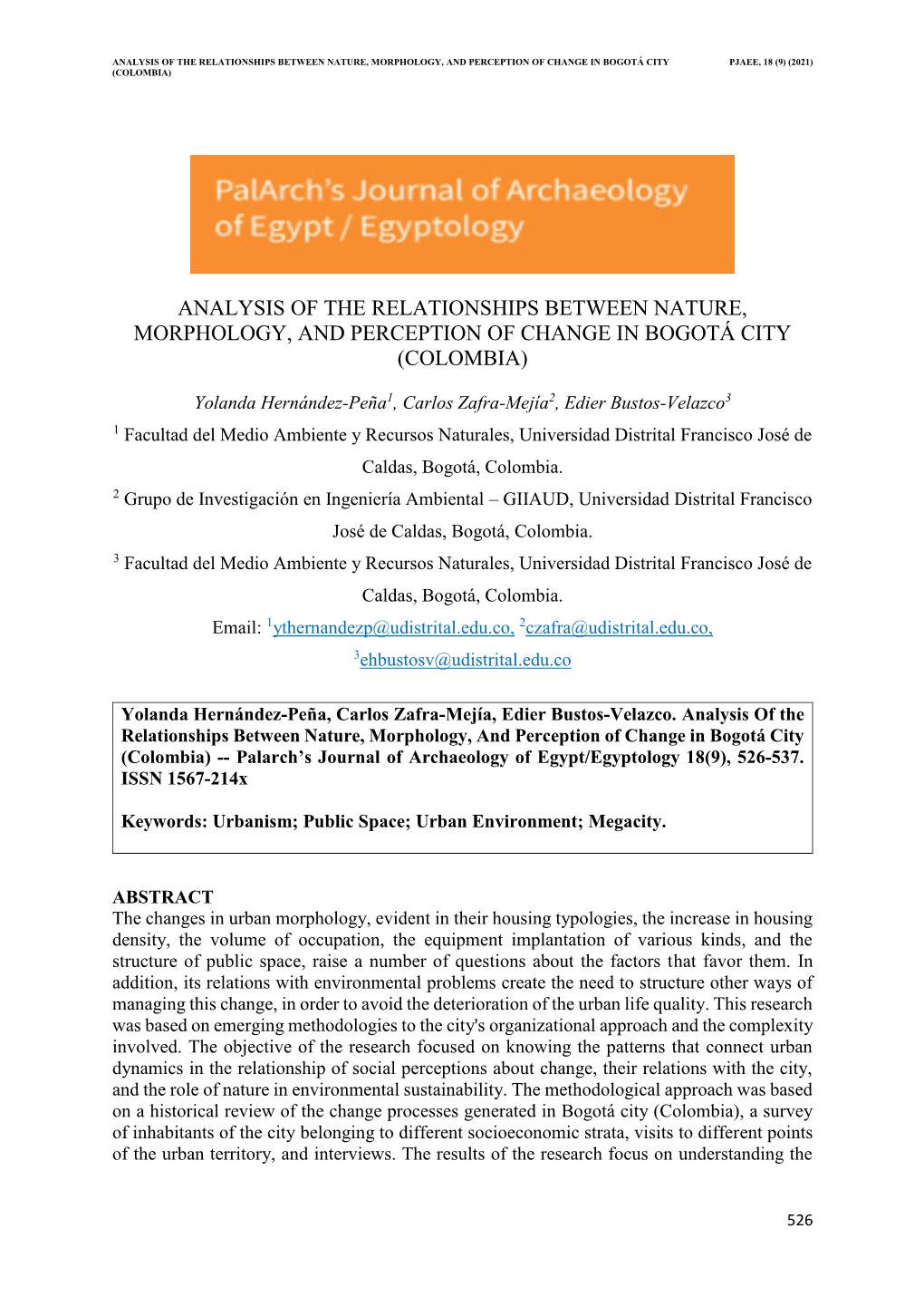 Analysis of the Relationships Between Nature, Morphology, and Perception of Change in Bogotá City Pjaee, 18 (9) (2021) (Colombia)