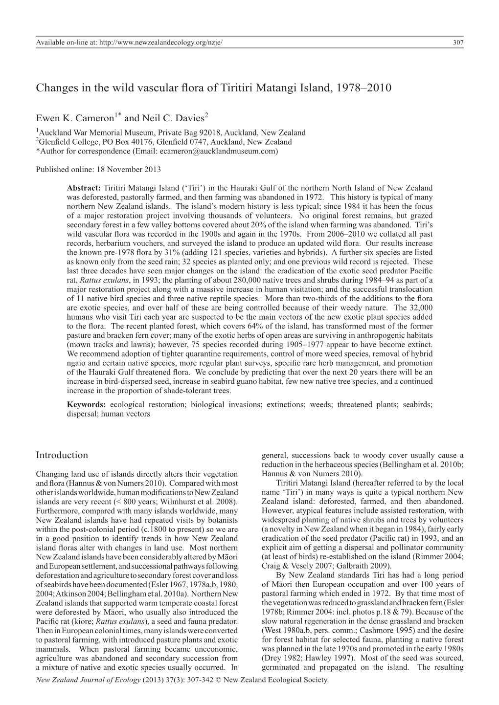 Changes in the Wild Vascular Flora of Tiritiri Matangi Island, 1978–2010