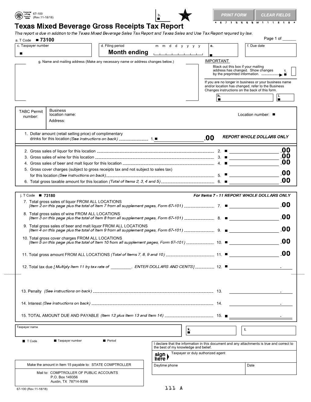 67-100 Mixed Beverage Gross Receipts Tax Report