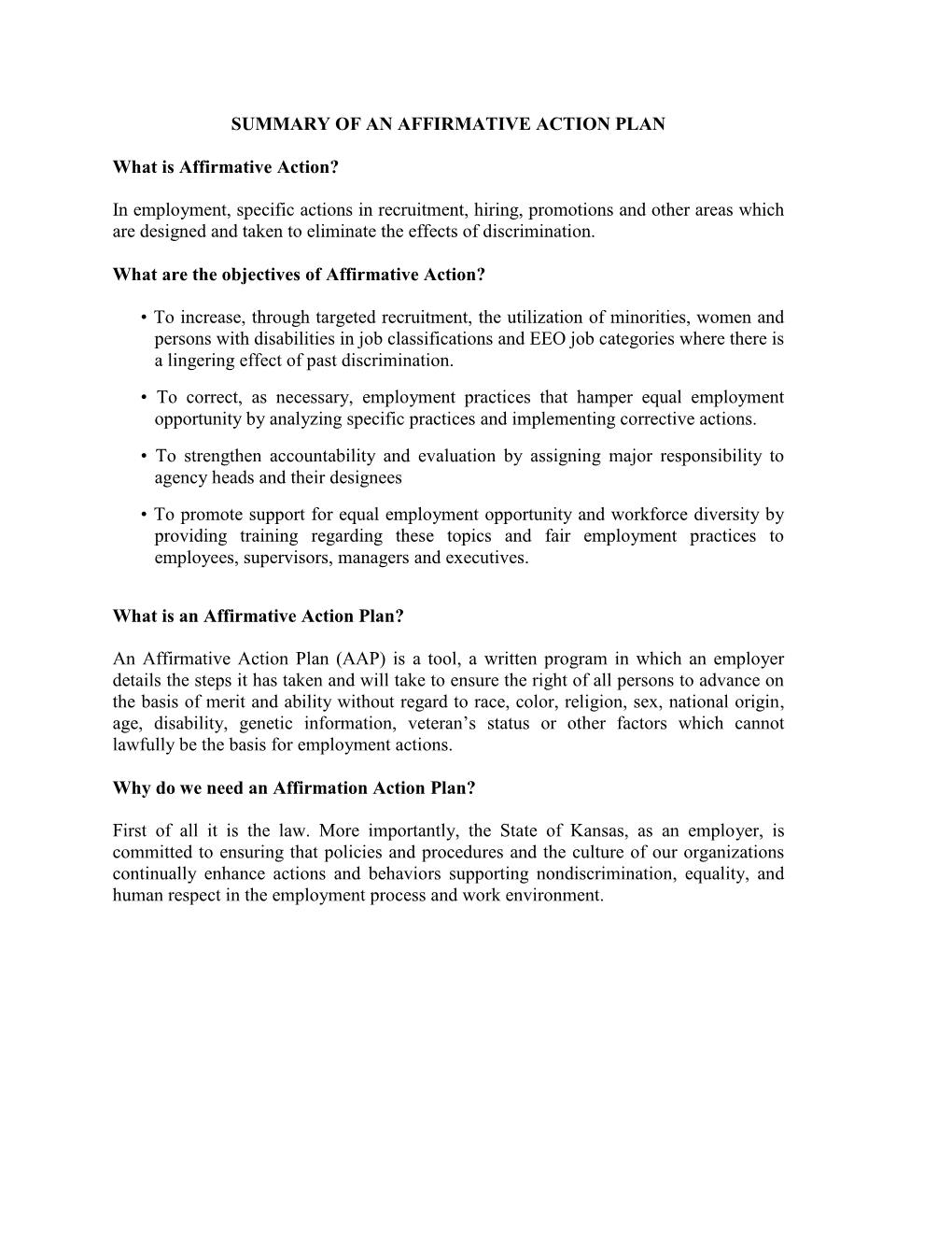 SUMMARY of an AFFIRMATIVE ACTION PLAN What Is Affirmative Action? in Employment, Specific Actions in Recruitment, Hiring, Promot