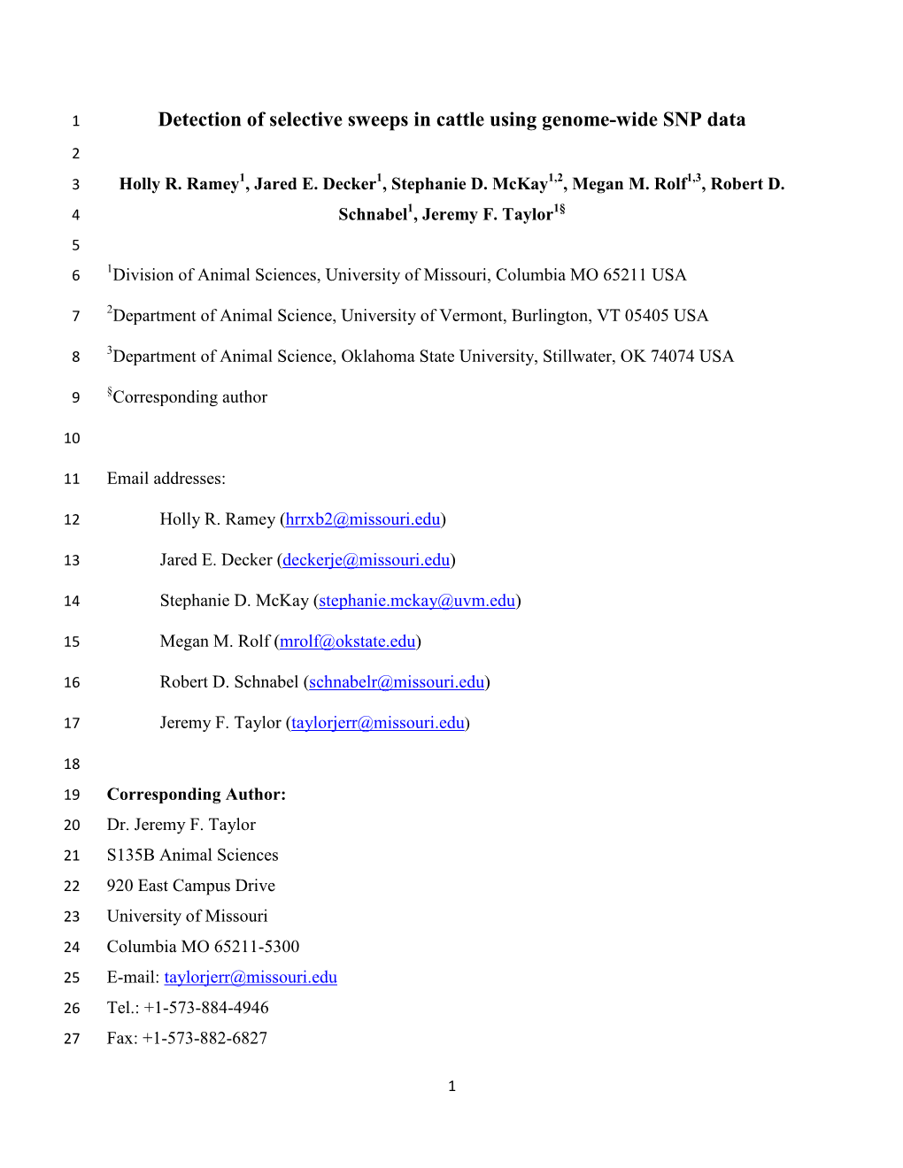 Detection of Selective Sweeps in Cattle Using Genome-Wide SNP Data 2 3 Holly R