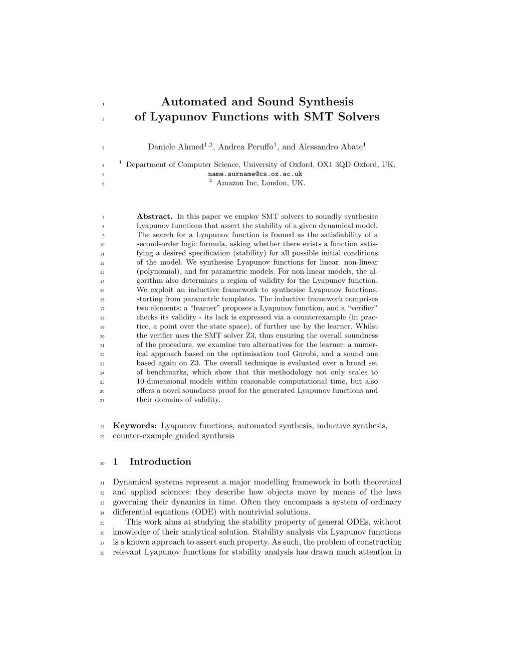 Automated and Sound Synthesis of Lyapunov Functions with SMT Solvers