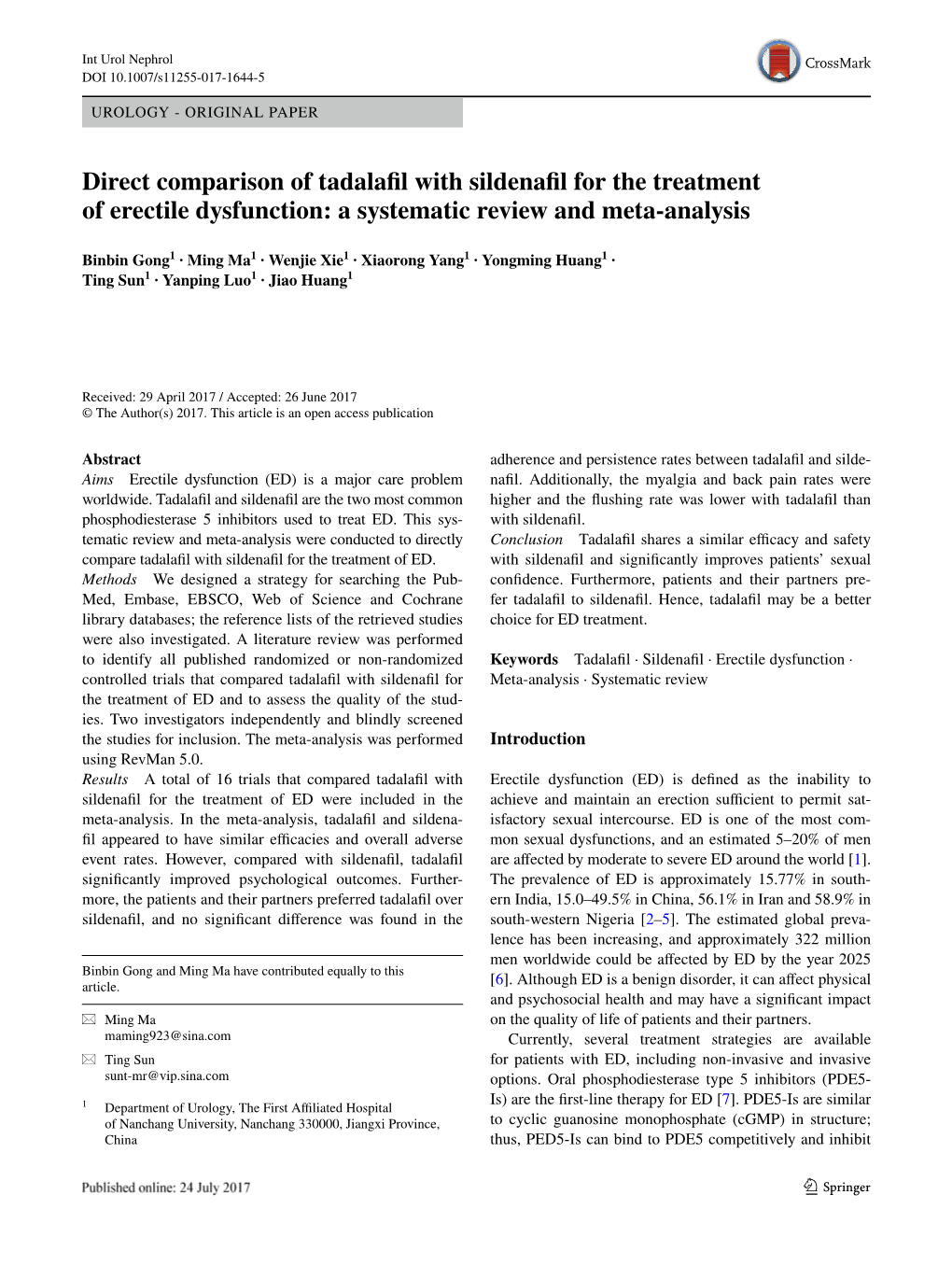 Direct Comparison of Tadalafil with Sildenafil for the Treatment of Erectile Dysfunction: a Systematic Review and Meta-Analysis