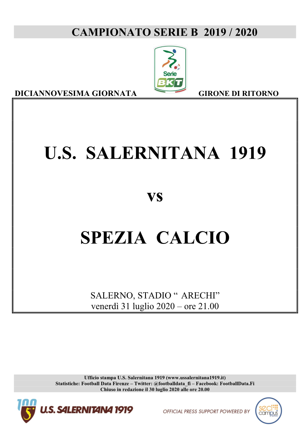 U.S. SALERNITANA 1919 Vs SPEZIA CALCIO