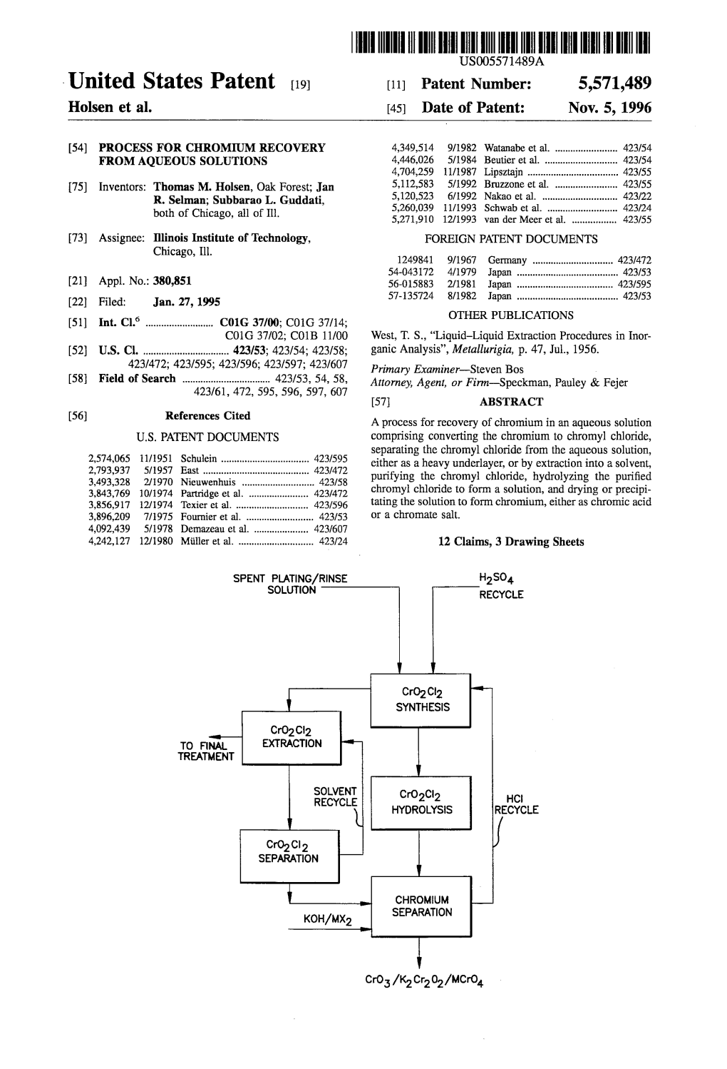 IIIHIIII USOO55.71489A United States Patent 19 11) Patent Number: 5,571,489 Holsen Et Al