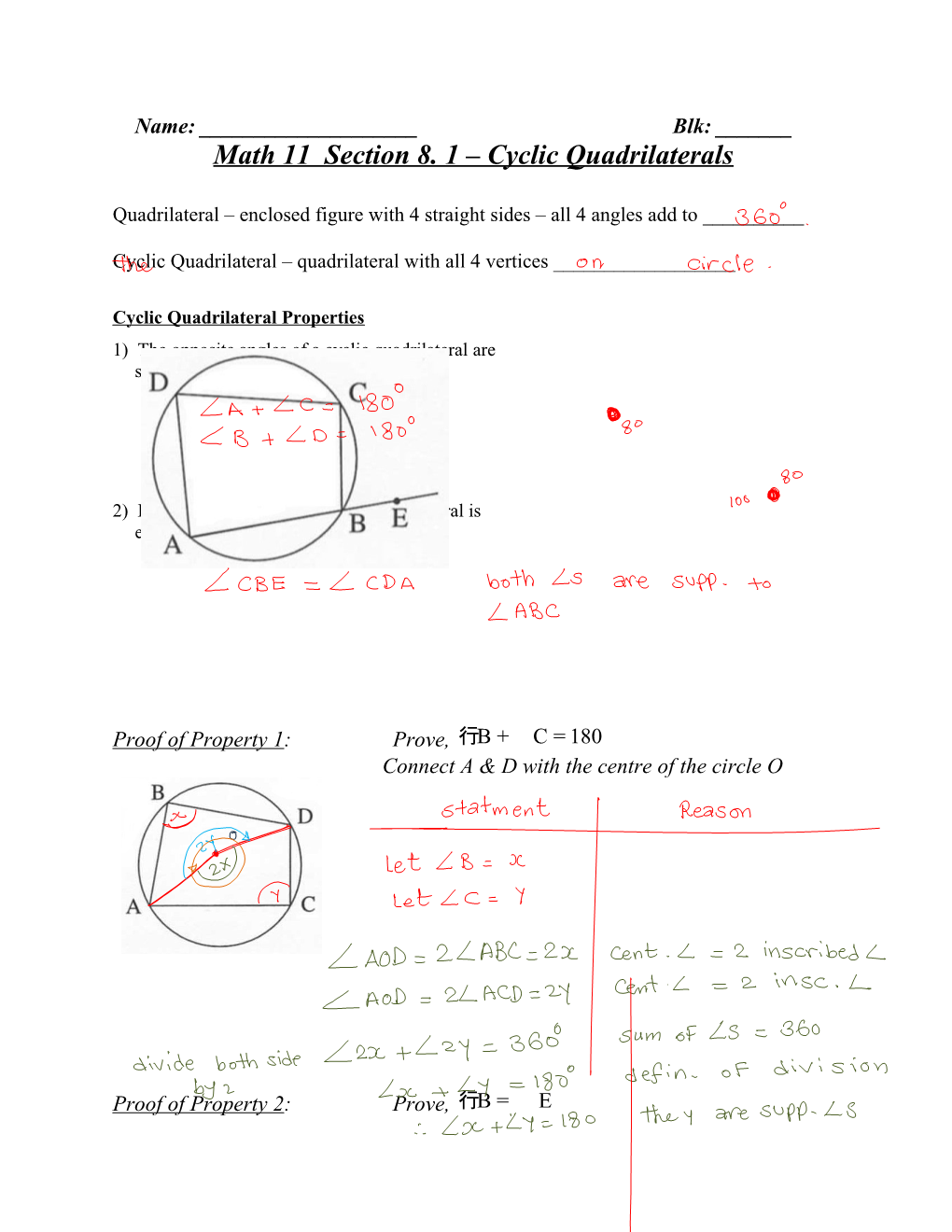 Math 11 Section 8. 1 Cyclic Quadrilaterals