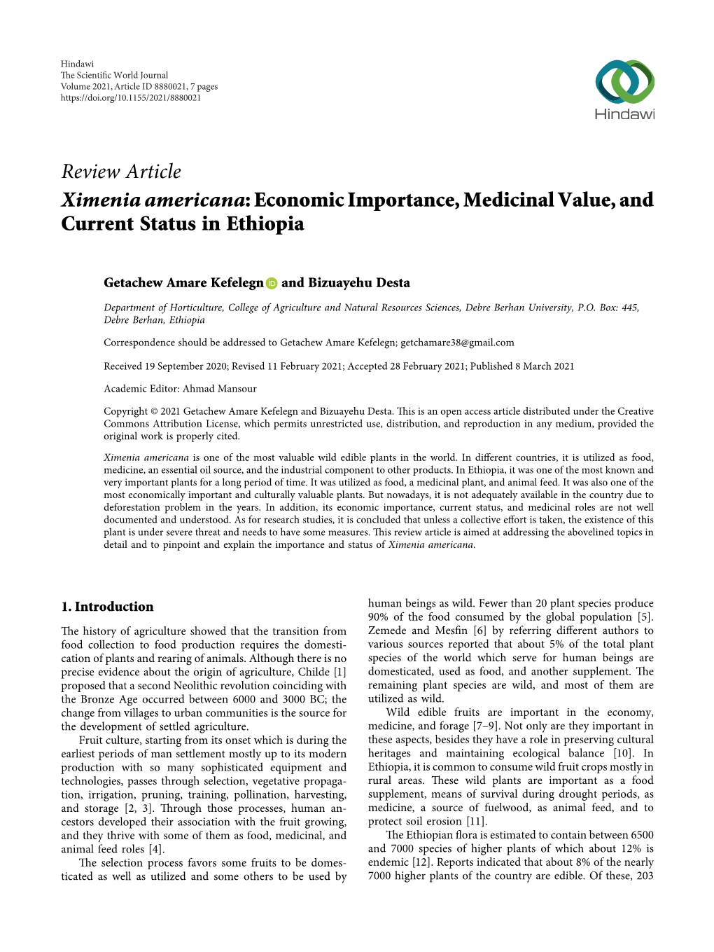 Ximenia Americana: Economic Importance, Medicinal Value, and Current Status in Ethiopia