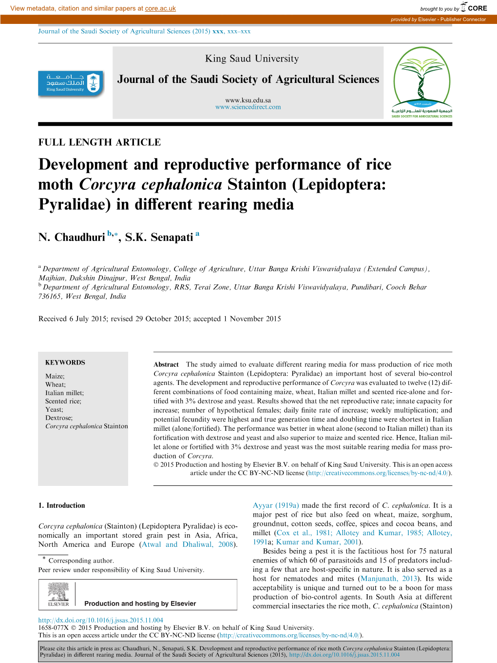 Development and Reproductive Performance of Rice Moth Corcyra Cephalonica Stainton (Lepidoptera: Pyralidae) in Diﬀerent Rearing Media