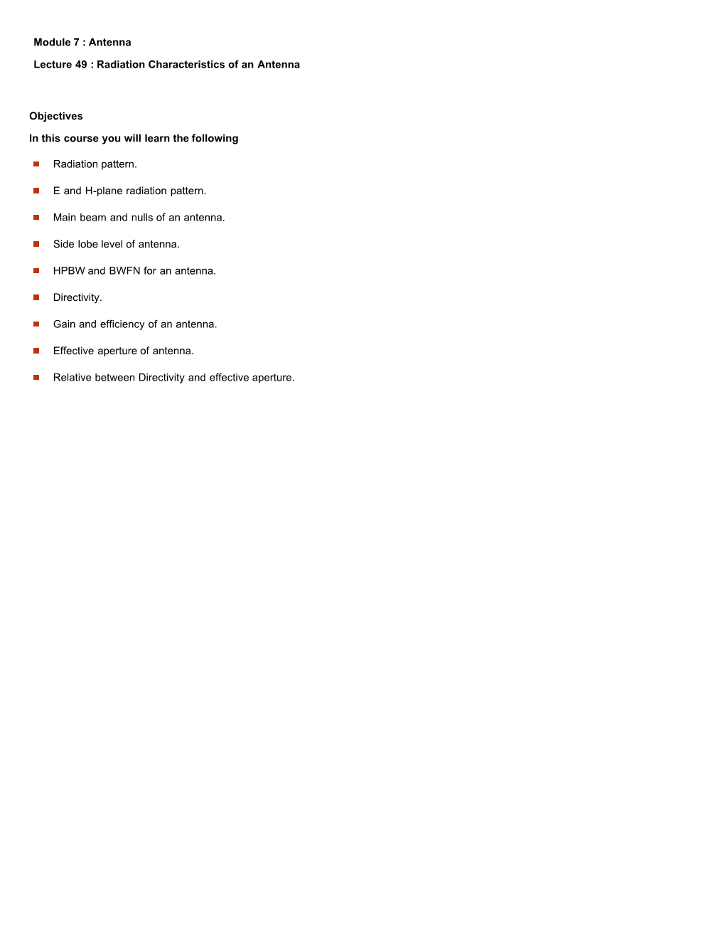 Radiation Characteristics of an Antenna Objectives in This