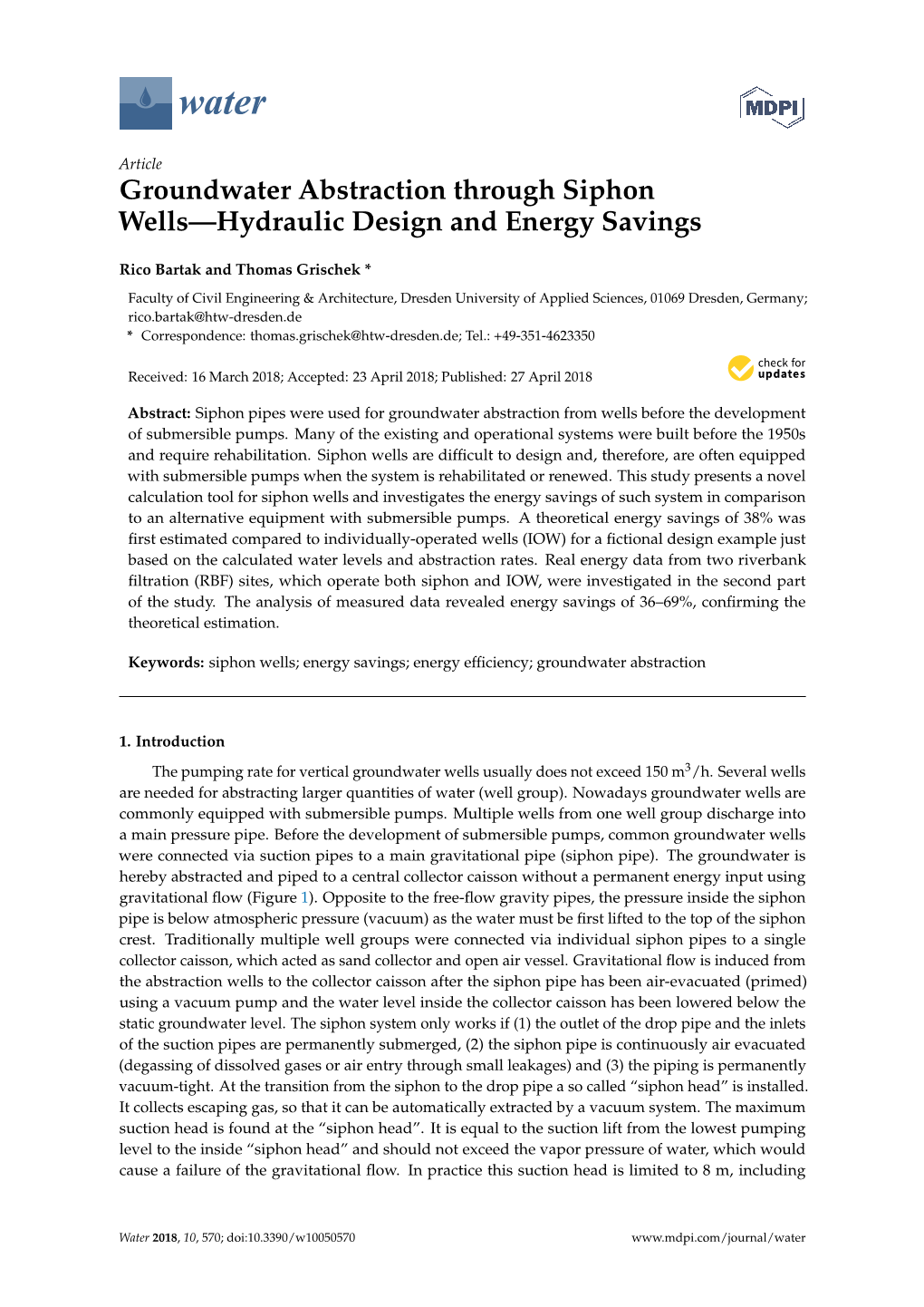 Groundwater Abstraction Through Siphon Wells—Hydraulic Design and Energy Savings