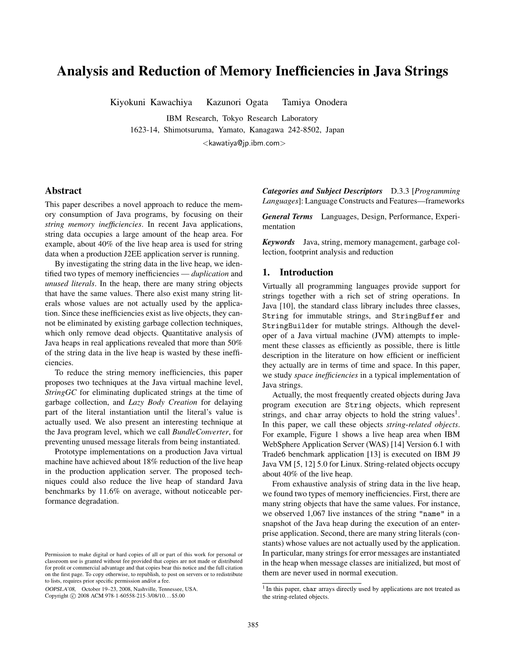 Analysis and Reduction of Memory Inefficiencies in Java Strings