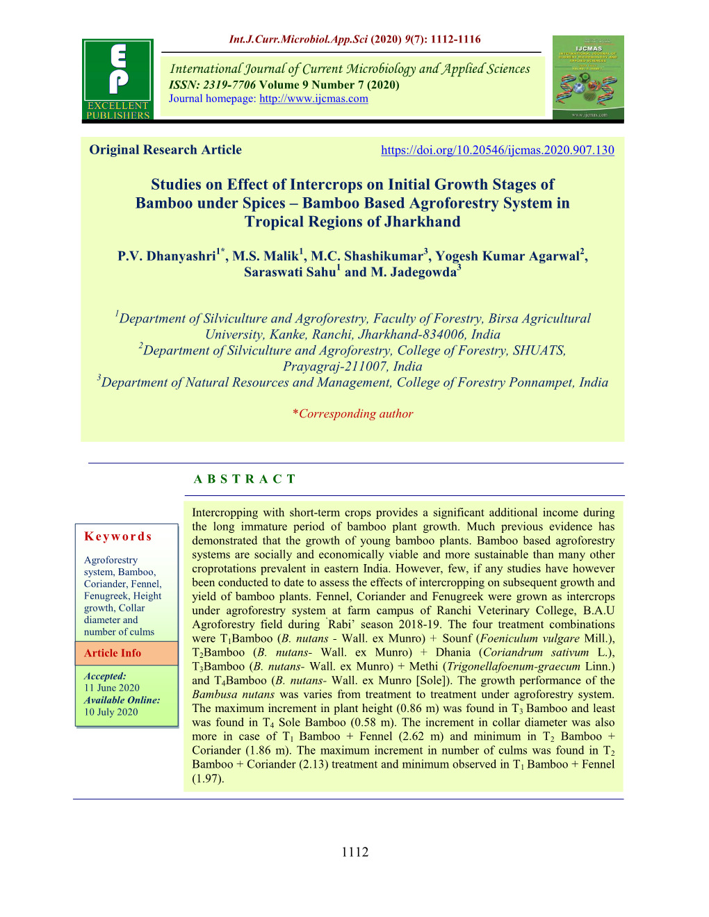 Studies on Effect of Intercrops on Initial Growth Stages of Bamboo Under Spices – Bamboo Based Agroforestry System in Tropical Regions of Jharkhand