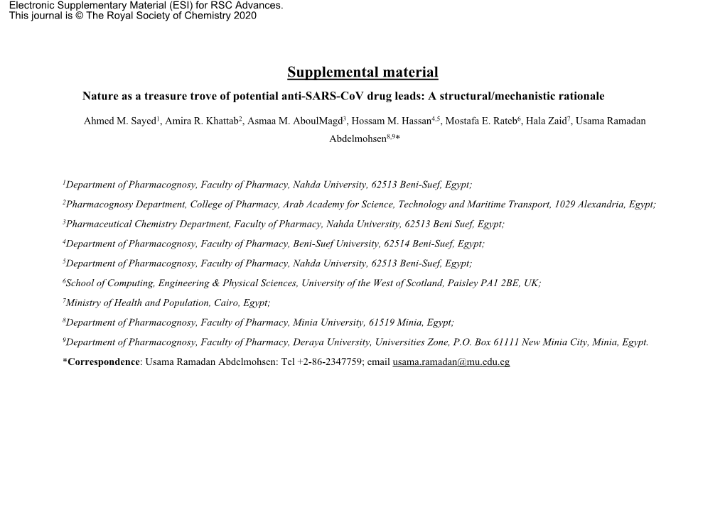 Supplemental Material Nature As a Treasure Trove of Potential Anti-SARS-Cov Drug Leads: a Structural/Mechanistic Rationale