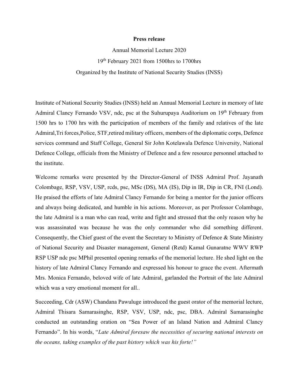 Press Release Annual Memorial Lecture 2020 19Th February 2021 from 1500Hrs to 1700Hrs Organized by the Institute of National Security Studies (INSS)