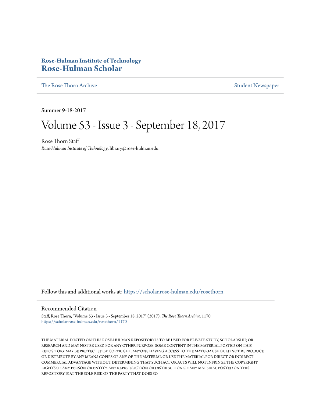 Volume 53 - Issue 3 - September 18, 2017 Rose Thorn Staff Rose-Hulman Institute of Technology, Library@Rose-Hulman.Edu