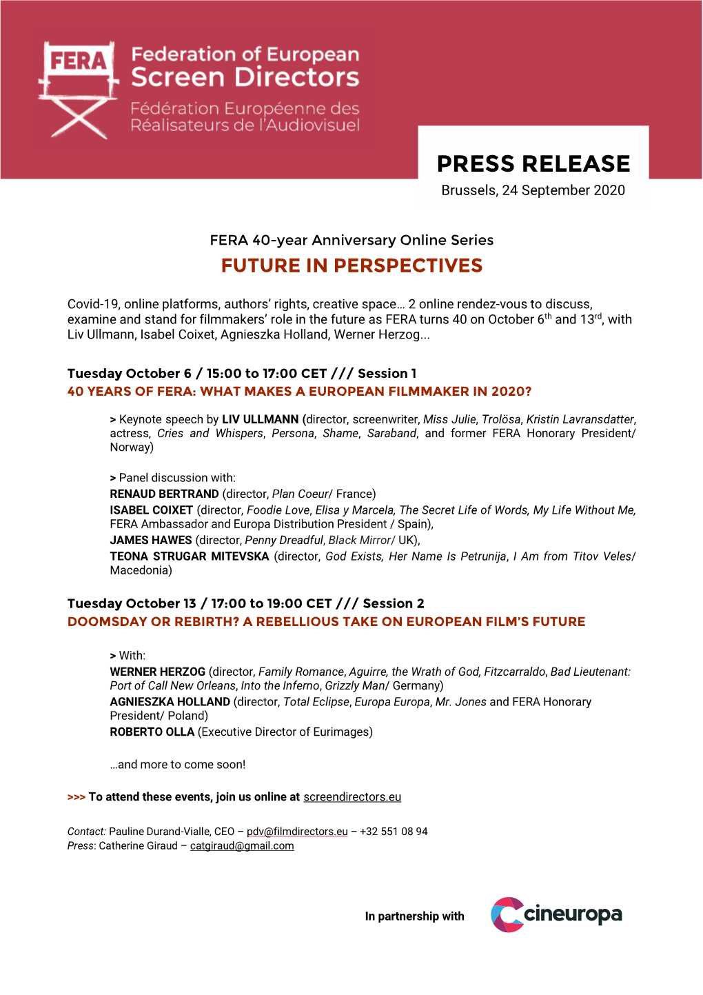 FERA Press Release FERA 40-Year Anniversary Online Series 2020 09