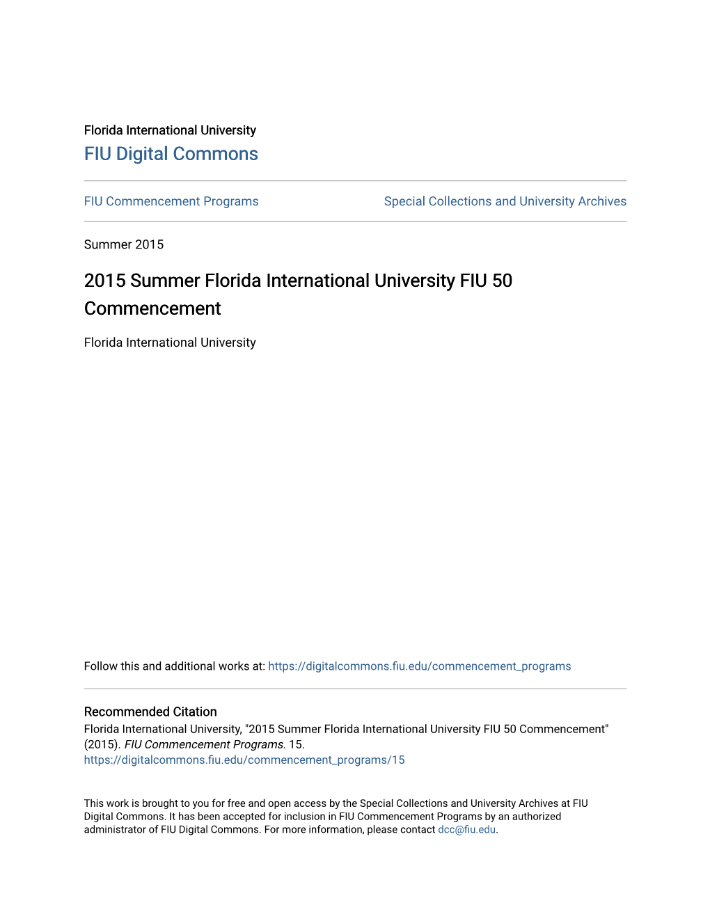 2015 Summer Florida International University FIU 50 Commencement