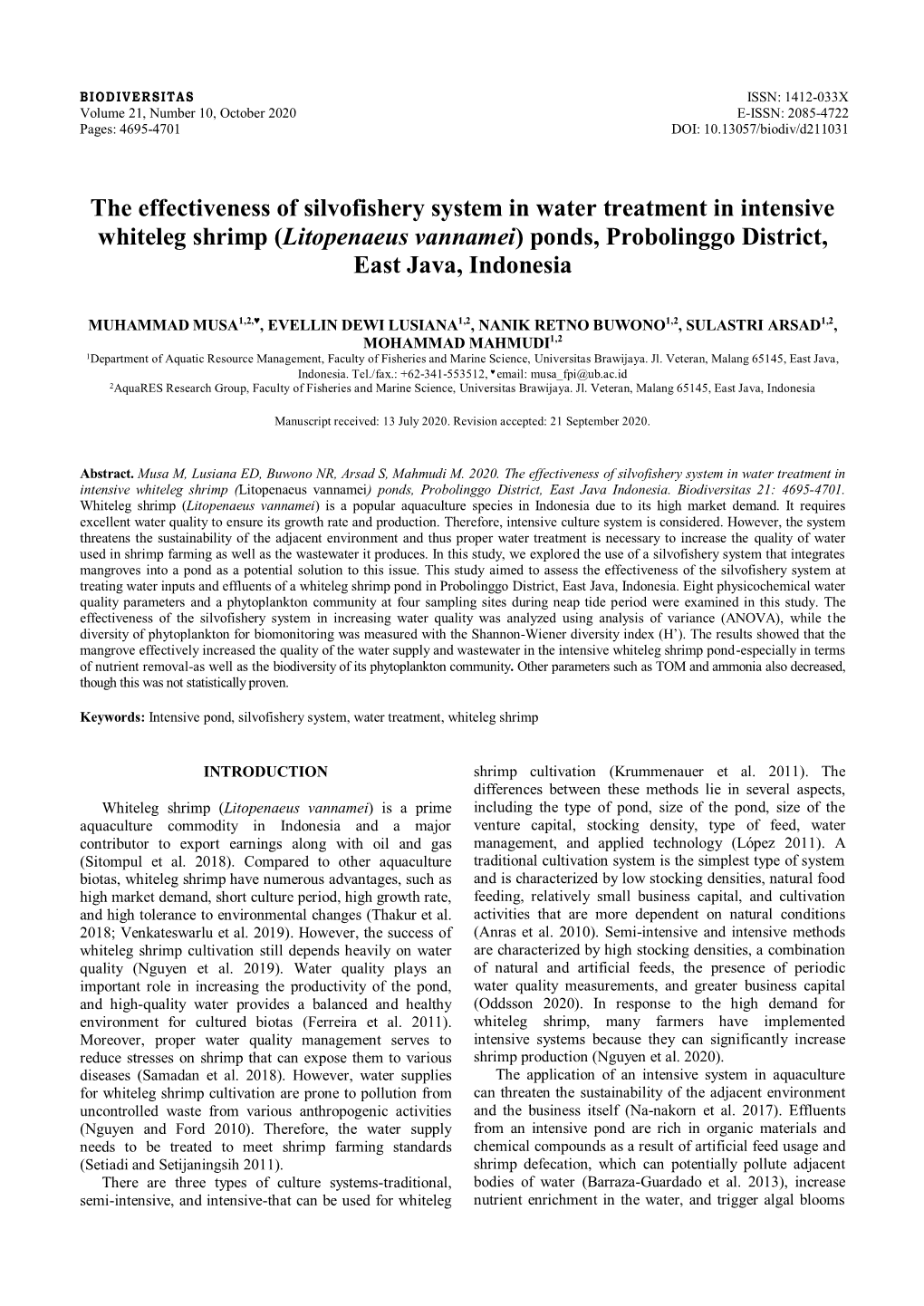 The Effectiveness of Silvofishery System in Water Treatment in Intensive Whiteleg Shrimp (Litopenaeus Vannamei) Ponds, Probolinggo District, East Java, Indonesia