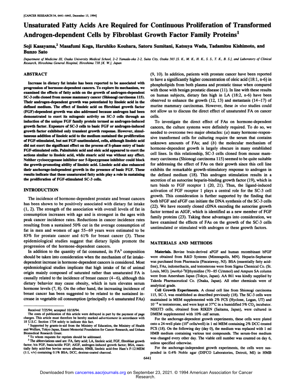 Unsaturated Fatty Acids Are Required for Continuous Proliferation of Transformed Androgen-Dependent Cells by Fibroblast Growth Factor Family Proteinsi