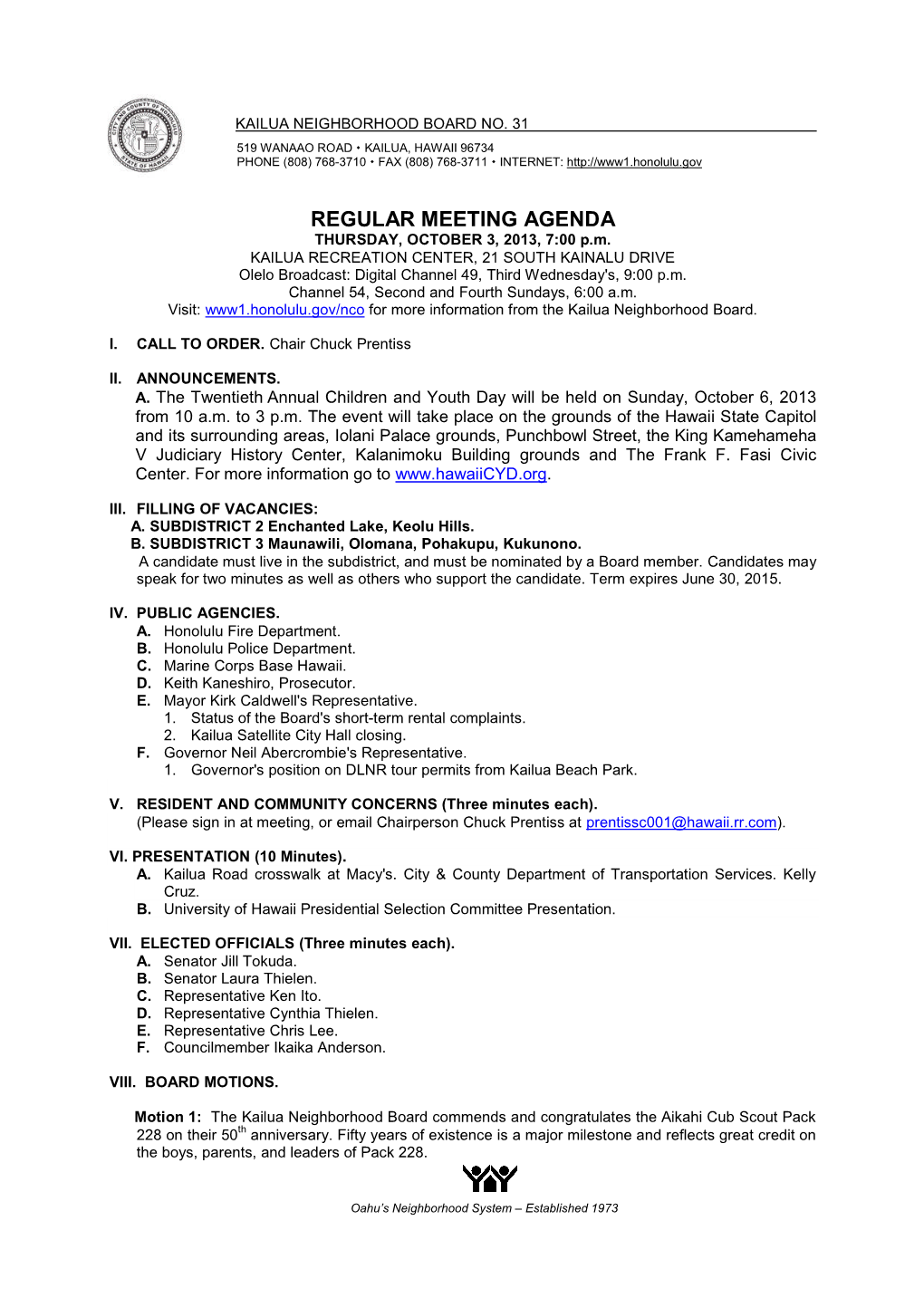 REGULAR MEETING AGENDA THURSDAY, OCTOBER 3, 2013, 7:00 P.M