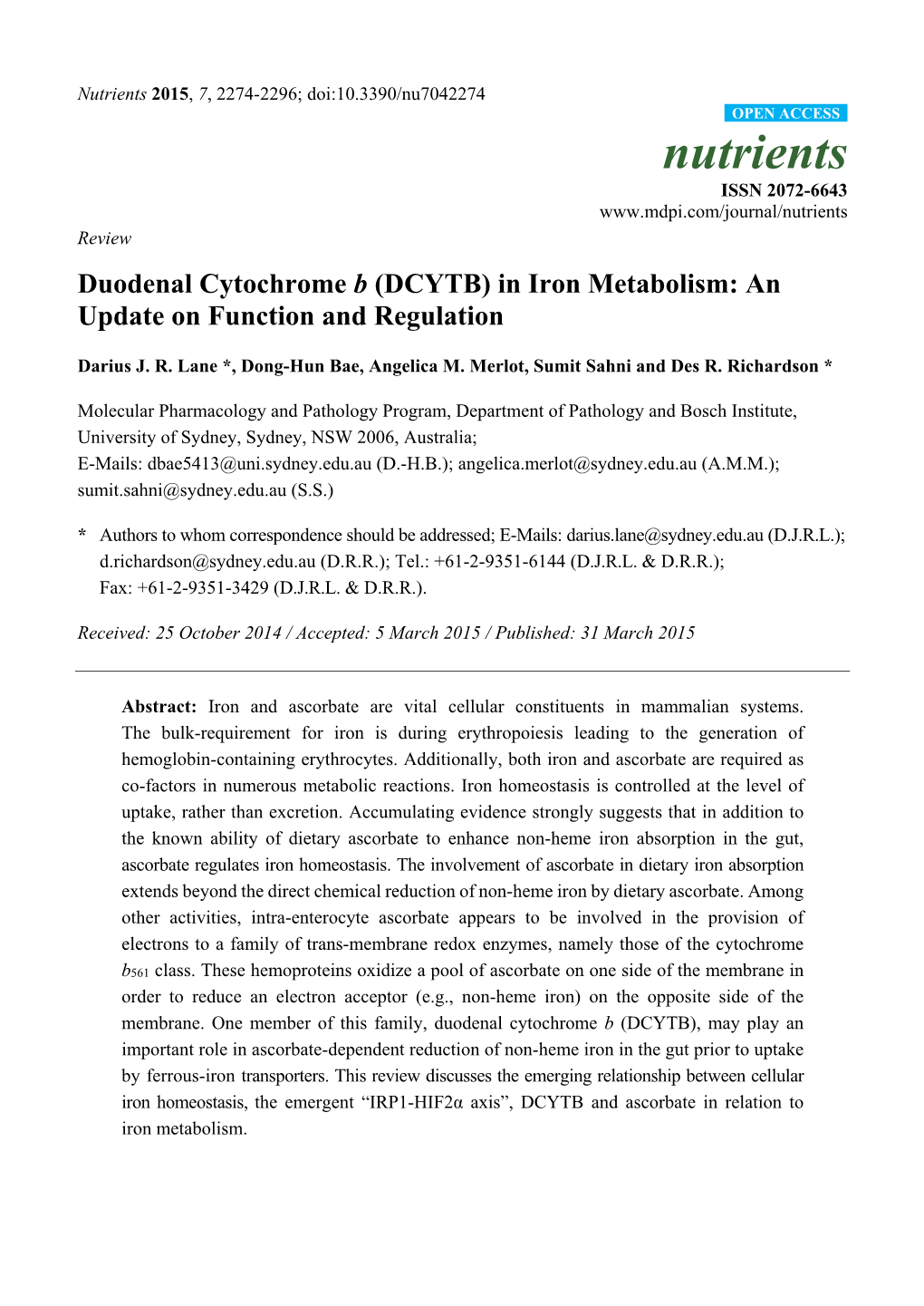 Duodenal Cytochrome B (DCYTB) in Iron Metabolism: an Update on Function and Regulation