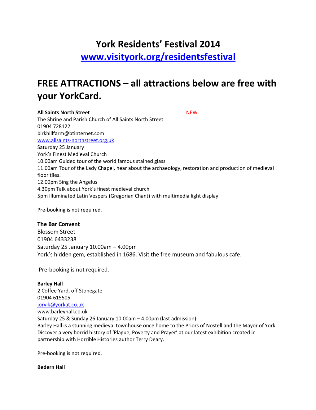 FREE ATTRACTIONS – All Attractions Below Are Free with Your Yorkcard