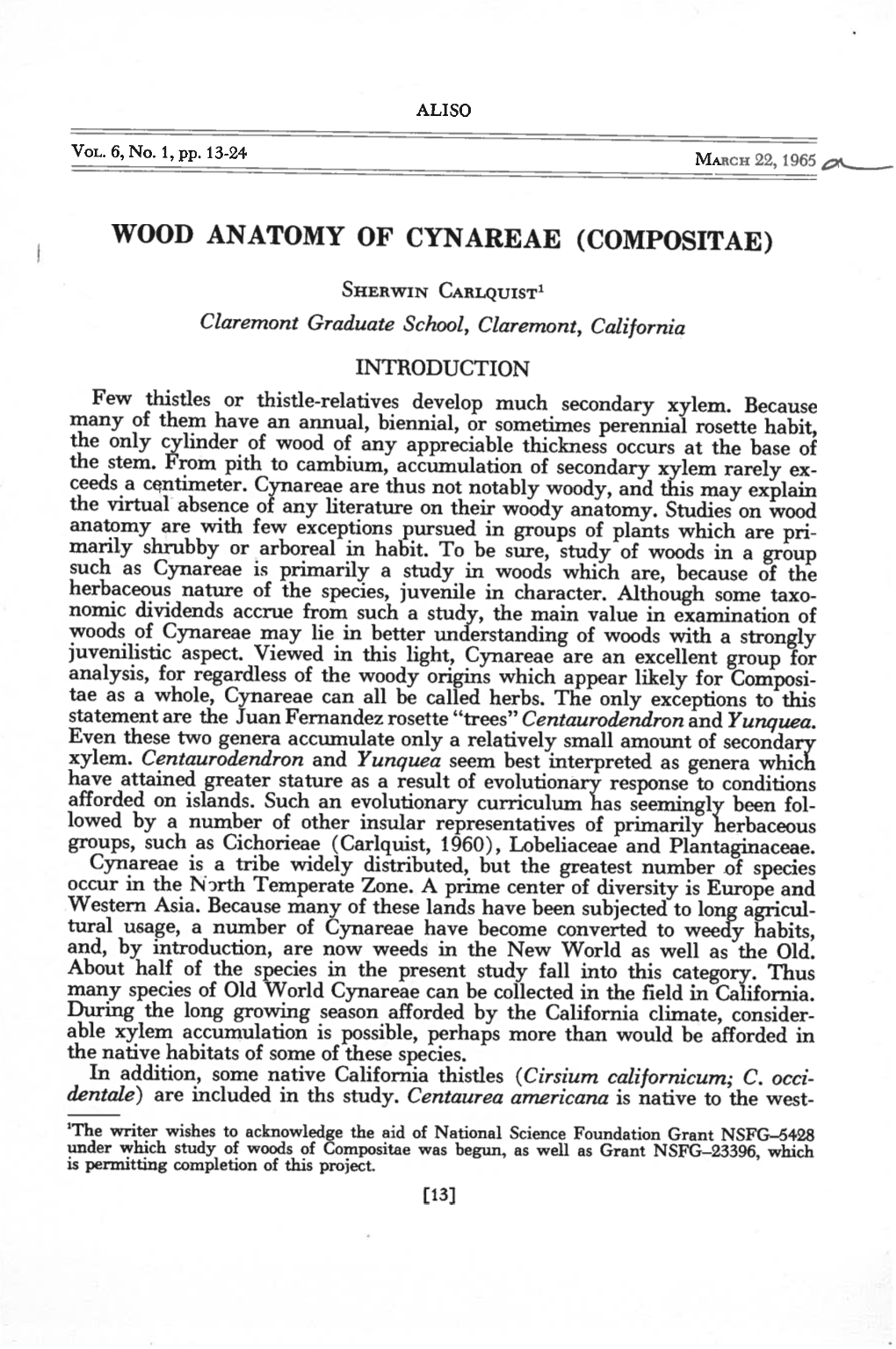 Wood Anatomy of Cynareae (Compositae)